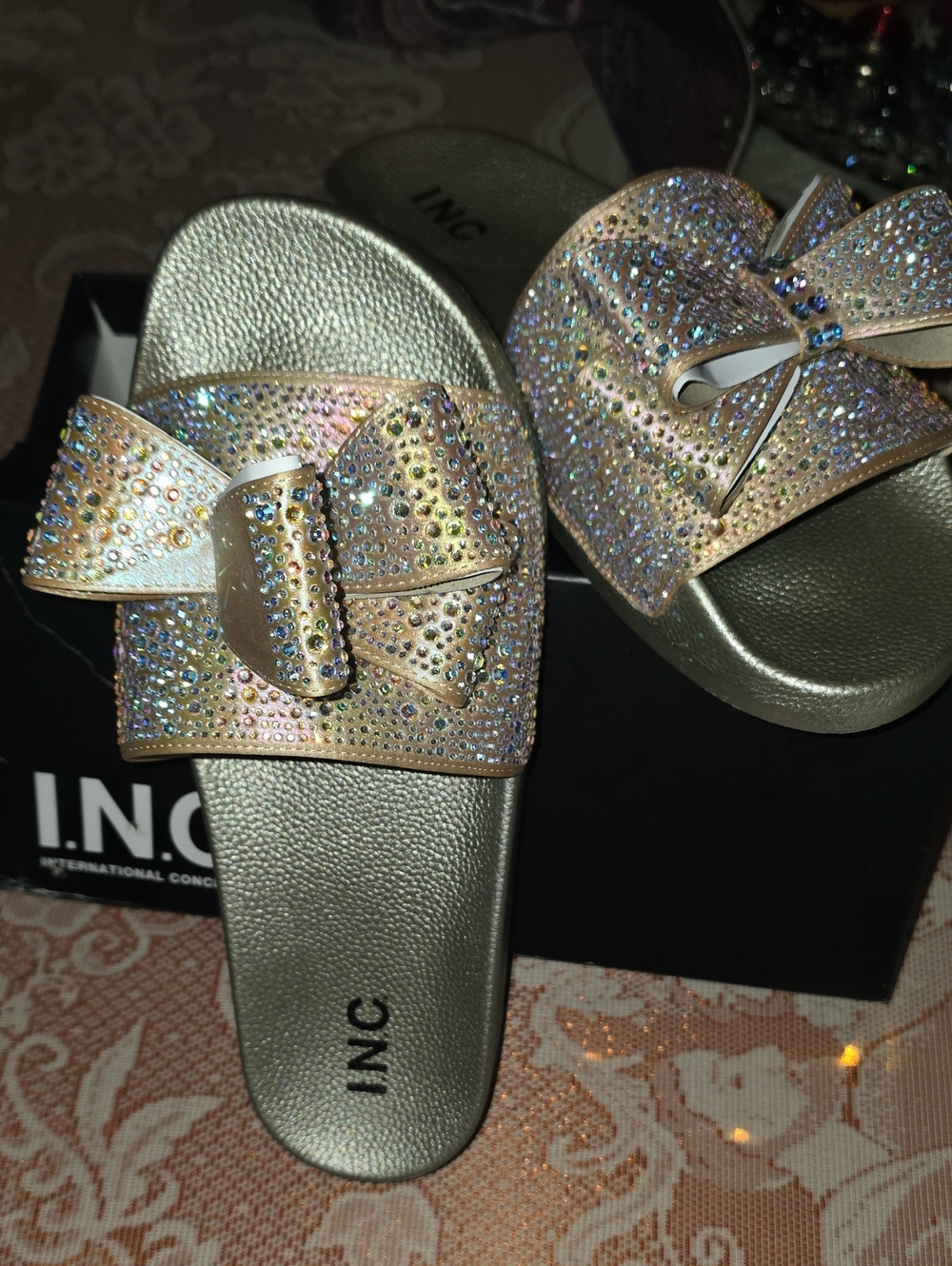 INC International Concepts Iridescent Rhinestone Bow Slide Sandals. 11